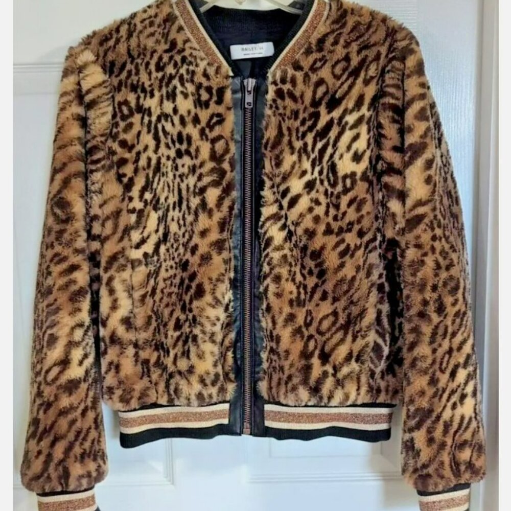 Bailey/44 Eliza Faux Fur Animal Print Bomber Jacket Zip-Front Coat Leopard SZ M